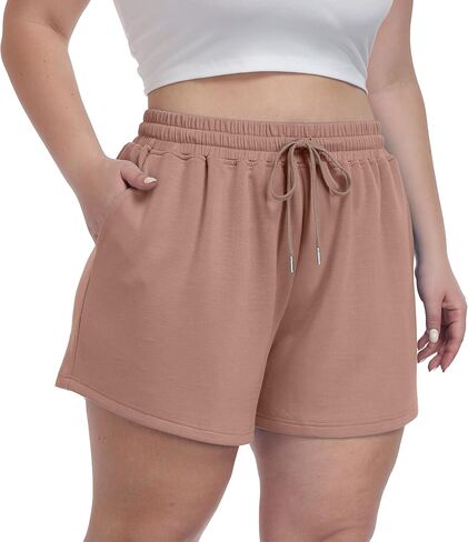 OLRIK Plus Size Shorts for Women with Pockets Soft Stretch Elastic Waist Drawstring Athletic Lounge Casual Shorts in Kuwait