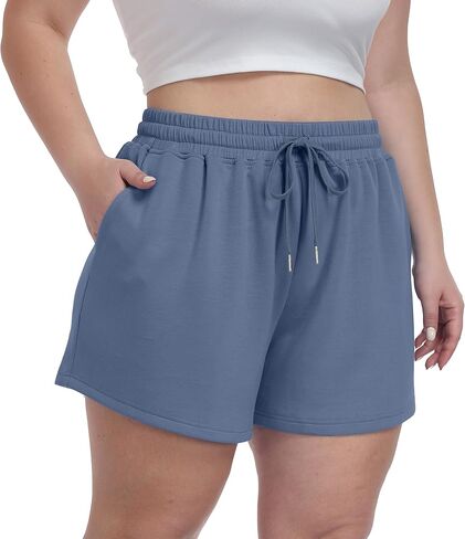 OLRIK Plus Size Shorts for Women with Pockets Soft Stretch Elastic Waist Drawstring Athletic Lounge Casual Shorts in Kuwait
