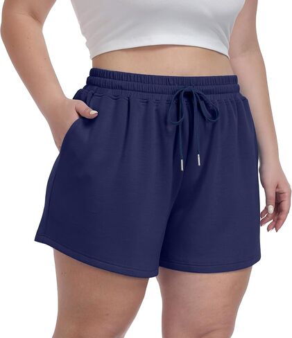 OLRIK Plus Size Shorts for Women with Pockets Soft Stretch Elastic Waist Drawstring Athletic Lounge Casual Shorts in Kuwait