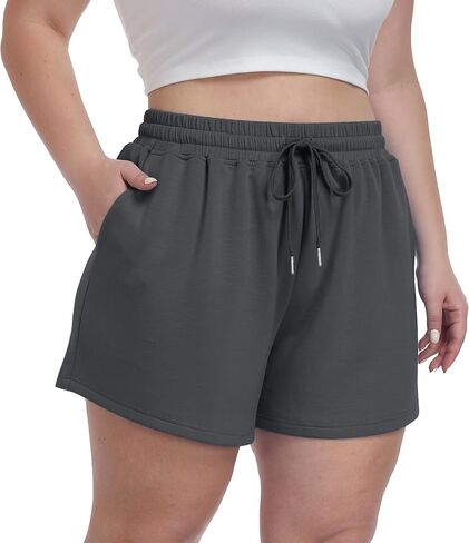 OLRIK Plus Size Shorts for Women with Pockets Soft Stretch Elastic Waist Drawstring Athletic Lounge Casual Shorts in Kuwait