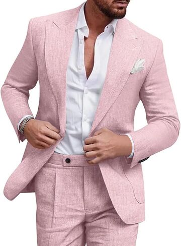 MOGU 2 Piece Mens Linen Suit Casual Summer Beach Suits Lightweight One Button Jacket Pants for Wedding Travel Dinner in Kuwait