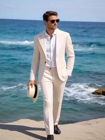 MOGU 2 Piece Mens Linen Suit Casual Summer Beach Suits Lightweight One Button Jacket Pants for Wedding Travel Dinner in Kuwait