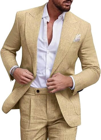 MOGU 2 Piece Mens Linen Suit Casual Summer Beach Suits Lightweight One Button Jacket Pants for Wedding Travel Dinner in Kuwait