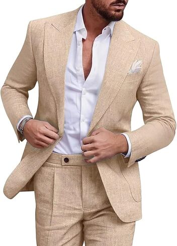 MOGU 2 Piece Mens Linen Suit Casual Summer Beach Suits Lightweight One Button Jacket Pants for Wedding Travel Dinner in Kuwait