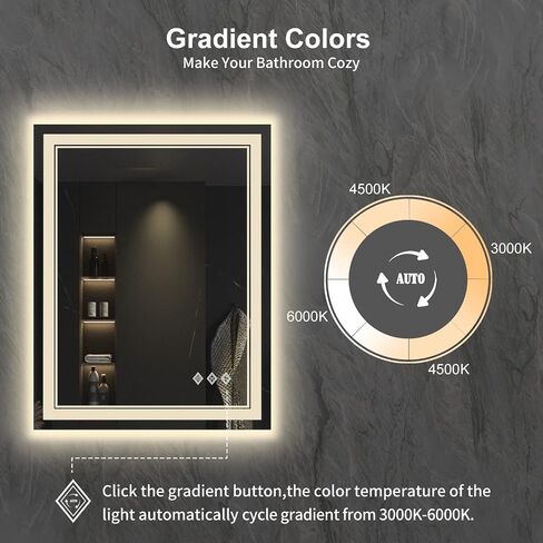 Backlit Bathroom Mirror, 55x30 Inch Gradient Front and Backlit Mirror, 3 Colors Dimmable CRI>90 Double Lights, IP54 Enhanced Anti-Fog, Hanging Plates Wall Mount LED Bathroom Mirror in Saudi Arabia