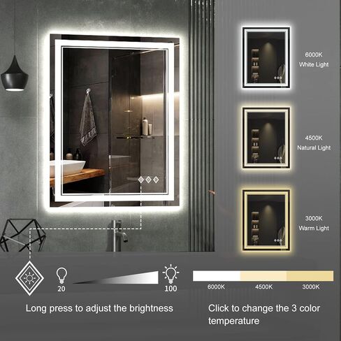 Backlit Bathroom Mirror, 55x30 Inch Gradient Front and Backlit Mirror, 3 Colors Dimmable CRI>90 Double Lights, IP54 Enhanced Anti-Fog, Hanging Plates Wall Mount LED Bathroom Mirror in Saudi Arabia