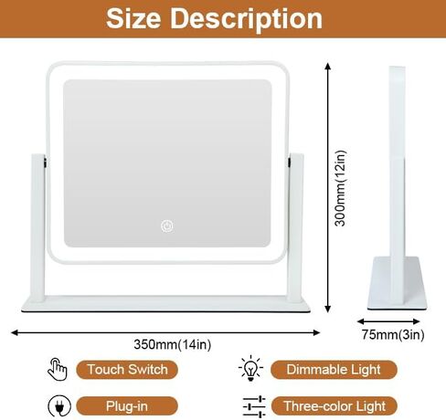 YEKKOPT Rechargeable Vanity Mirror with Lights, 14"×12" LED Makeup Mirror, Smart Touch Control, 3 Color Lighting with Adjustable Brightness,Cosmetic Mirror for Bedroom, Vanity Desk, Beauty Routine in Saudi Arabia