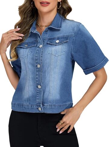 LifeShe Short Sleeve Denim Jacket for Women Rolled Cuffs Button Down Fray Jean Jacket with Pockets in Kuwait