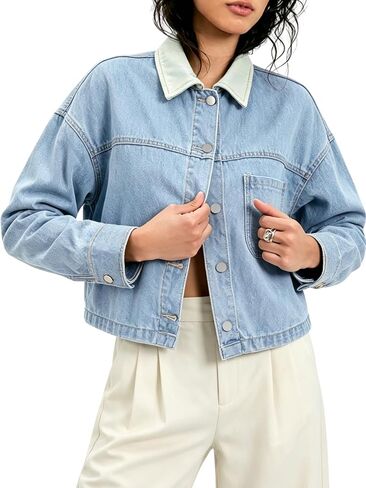 Omoone Women's Denim Jakcet Cropped Oversized Jean Jackets Color Block Patchwork Collar Long Sleeve Short Jean Trucker Coat in Kuwait