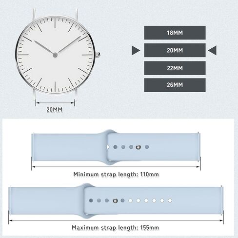 18mm 20mm 22mm Silicone Watch Band, Quick Release Adjustable Strap, Women Men Soft Sport Waterproof Replacement Wristband Straps for Garmin/Huawei/Samsung/Amazfit/Xiaomi (20mm/Sky Blue) in Kuwait