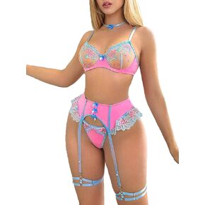 Women's Floral Embroidery Lingerie Set - 4 Piece Lace Bra Garter Belt Panty, Pink Blue Cute Lingerie for Women in Saudi Arabia