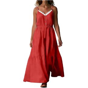 Women's Dresses Summer Lightweight Solid Color Flowy Beach Dress for Vacation Spaghetti Strap Lace Tiered Maxi Dress in Saudi Arabia