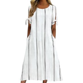 Women's Dresses Summer Striped Lightweight Casual Flowy Beach Dress Short Sleeve Tie Cuff Midi Dress with Pockets in Saudi Arabia