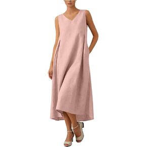 Women's Dresses Summer Lightweight Casual Solid Color Loose Beach Dress V Neck Sleeveless Midi Dress with Pockets in Saudi Arabia