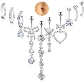 10 Pcs Belly Button Ring Dangle Hypoallergenic Surgical Stainless Steel Heart Bow Butterfly Dangly Belly Rings for Women Clicker Floating Navel Piercing Jewelry 14G in Saudi Arabia