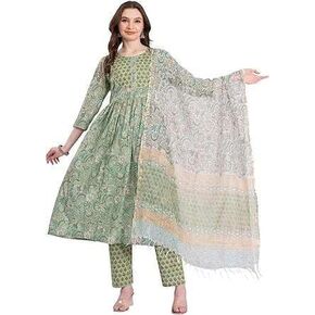 Women’s Cotton Anarkali Kurta Set – Indian Tunic Dress with Pant and Dupatta – Ready to Wear Shalwar Kameez Suit for Women in Saudi Arabia