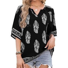 Womens Boho Tops 3/4 Sleeve V Neck Cotton Tunic Flowy Shirt – Casual Loose Fit Summer Bohemian Peasant Blouse in Saudi Arabia