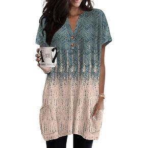 Naggoo Summer Womens Tunic Tops for Leggings with Pockets Button V Neck Short Sleeve Casual Long T Shirts S-3XL in Saudi Arabia