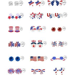 4th of July Patriotic Earrings for Women Girls kids - 18 Pairs American Flag Red White and Blue Flat Back Stud Earrings for Independence Day Memorial Day,4 Years Old+ in Kuwait