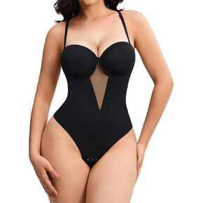 Nebility Shapewear Bodysuits for Women Thong Tummy Control Body Suits Sheer Mesh V-Neck BodySuit with Built-in Bra in Kuwait