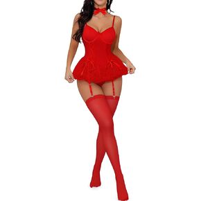 Women Sexy Choker Mesh Corset Lingerie Set Underwire Ruffle Lace Up Babydoll with Stockings Garter Belt Thong in Saudi Arabia