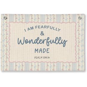 Kids Room Decor Bible Verse Wall Hanging, 'I am Fearfully and Wonderfully Made' Linen Banner, Canvas Decoration for Classroom, Nursery, 20x30 Inch in Kuwait