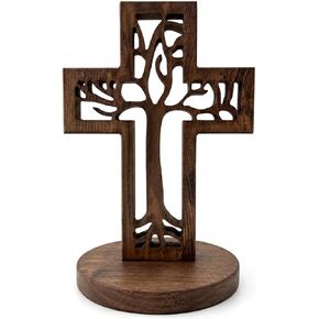 Tree of Life Wooden Cross Decor 8inch Carved Christian Cross Freestanding or Wall Hanging with Attached Stand for Tabletop Display, Rustic Solid Pine Religious Gift for Vintage Retro Home Living Room in Saudi Arabia
