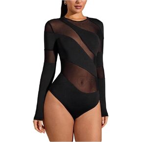GORGLITTER Women's Sexy Bodysuit Sheer Mesh Long Sleeve T Shirts See Through Rave Party Leotard Bodysuit Top in Kuwait
