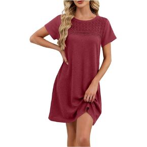 Dresses for Women Summer Lace Short Sleeve Mini Dress for Vacation Casual Lightweight Solid Color Flowy Beach Dress in Saudi Arabia