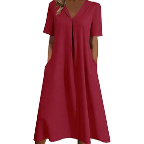 Dress for Women with Pockets Summer V Neck Short Sleeve Midi Dress Lightweight Casual Solid Flowy Beach Dresses in Saudi Arabia