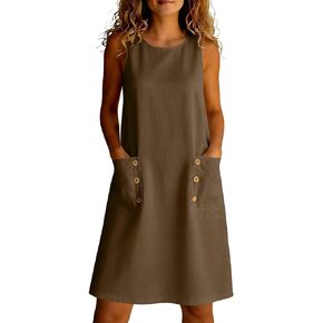 Womens Dress Summer with Button Pockets Sleeveless Mini Dress Lightweight Casual Solid Color Flowy Beach Dresses in Saudi Arabia