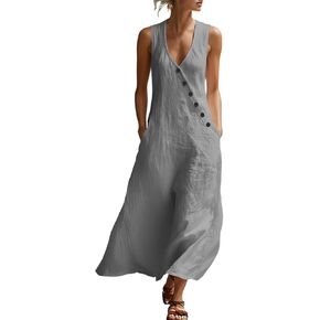 Dress for Women Summer Lightweight Casual Solid Color Flowy Beach Dresses V Neck Sleeveless Button Front Maxi Dress in Saudi Arabia