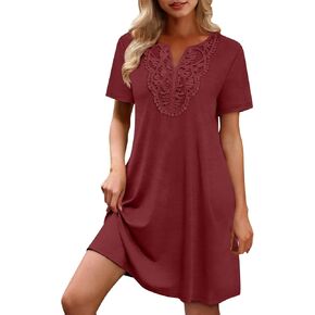 Dress for Women Summer Lace Short Sleeve Mini Dress for Daily Lightweight Casual Solid Color Flowy Beach Dresses in Saudi Arabia