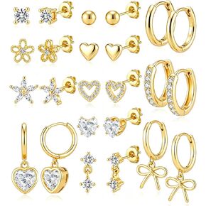 12 Pairs Small Stud Hoop Earrings Set for Women - 14K Gold Plated Huggie Hoops Hypoallergenic Earring Cute Dainty Flower Heart Stud Earrings for Jewelry Gift in Saudi Arabia