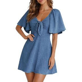 BISUAL Womens Denim Dress Bow Tie V Neck Flutter Sleeve Summer Casual Jean Dresses 2026 Western Outfits in Saudi Arabia