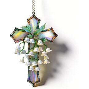 Hand-Painted Lily of The Valley Cross Pendant, Acrylic Religious Cross Hanging Ornament, Floral Lily of The Home Decor, Suitable Home Decor for Living Room, Easter, Baptism, Home Church Decor (4in) in Saudi Arabia