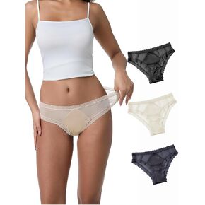 Womens Low Rise Lace Bikini Panties Satin Front Flattering Everyday Underwear Lyocell Silk-Blend Gusset in Kuwait