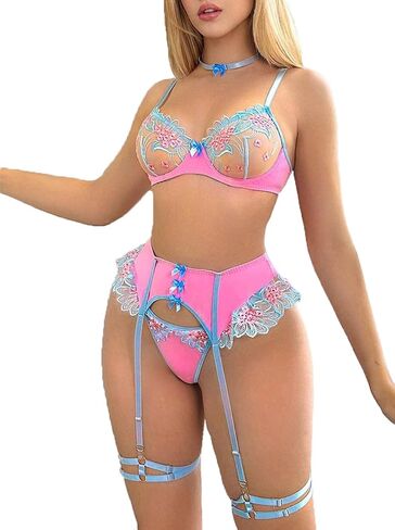 Women's Floral Embroidery Lingerie Set - 4 Piece Lace Bra Garter Belt Panty, Pink Blue Cute Lingerie for Women in Saudi Arabia