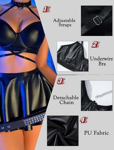 FEOYA Women Faux Leather Lingerie Set Cami Crop Top + Mini Skirt + Thong 3 Pcs Rave Festival Outfits in Kuwait
