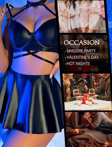 FEOYA Women Faux Leather Lingerie Set Cami Crop Top + Mini Skirt + Thong 3 Pcs Rave Festival Outfits in Kuwait