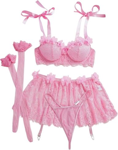 Sexy Lingerie For Women Feminine Lace See-Through Mesh 3D Ruffled Suspender Skirt And Garter Belt 5-Piece Set in Saudi Arabia