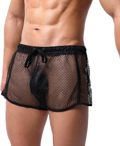 Men Mesh Boxer Shorts See Through Quick Drying Drawstring Shorts Swimming Trunks Panties in Saudi Arabia