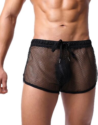 Men Mesh Boxer Shorts See Through Quick Drying Drawstring Shorts Swimming Trunks Panties in Saudi Arabia