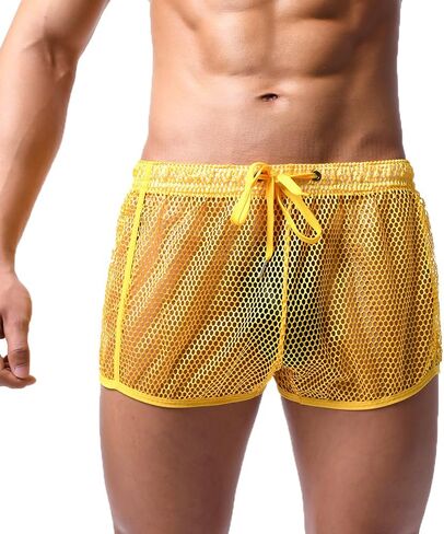 Men Mesh Boxer Shorts See Through Quick Drying Drawstring Shorts Swimming Trunks Panties in Saudi Arabia