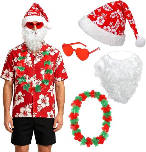 kaiolby 4 Pieces Christmas in the July Party Decorations Tropical Christmas Costume Accessories Set Santa Hat Hawaiian Leis Sunglasses Beard for Summer Beach Xmas Outfits Decoration in Saudi Arabia
