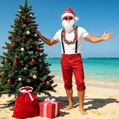 kaiolby 4 Pieces Christmas in the July Party Decorations Tropical Christmas Costume Accessories Set Santa Hat Hawaiian Leis Sunglasses Beard for Summer Beach Xmas Outfits Decoration in Saudi Arabia
