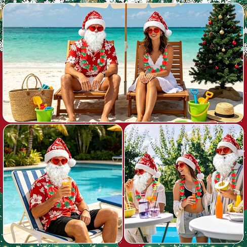 kaiolby 4 Pieces Christmas in the July Party Decorations Tropical Christmas Costume Accessories Set Santa Hat Hawaiian Leis Sunglasses Beard for Summer Beach Xmas Outfits Decoration in Saudi Arabia