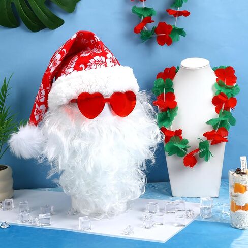 kaiolby 4 Pieces Christmas in the July Party Decorations Tropical Christmas Costume Accessories Set Santa Hat Hawaiian Leis Sunglasses Beard for Summer Beach Xmas Outfits Decoration in Saudi Arabia