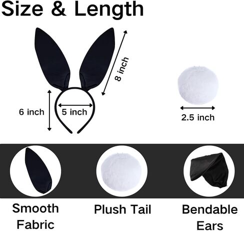 Black Bunny Ears Headband for Adults – Rabbit Ears Headband Costume Set with Bow Tie Cuffs & Tail for Easter Halloween Women Men 15+ (Bunny, Black) in Saudi Arabia