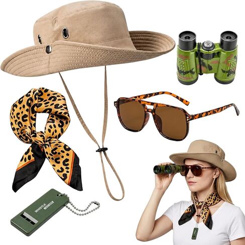 5 PCS Women Safari Costume, Zoo Keeper Costume Adult Includes Safari Hat Outfit Accessories, Leopard Print Scarf, Binoculars, Light-Proof Glasses for Halloween Cosplay in Saudi Arabia